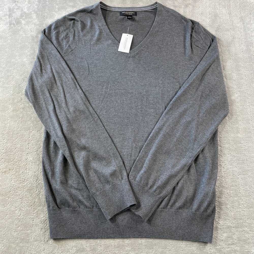 Banana Republic Sweater Mens Large Gray Luxury Blend Silk Cashmere V Neck Preppy